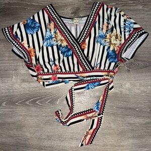 Flying Tomato White and Blue Crop Wrap Blouse
